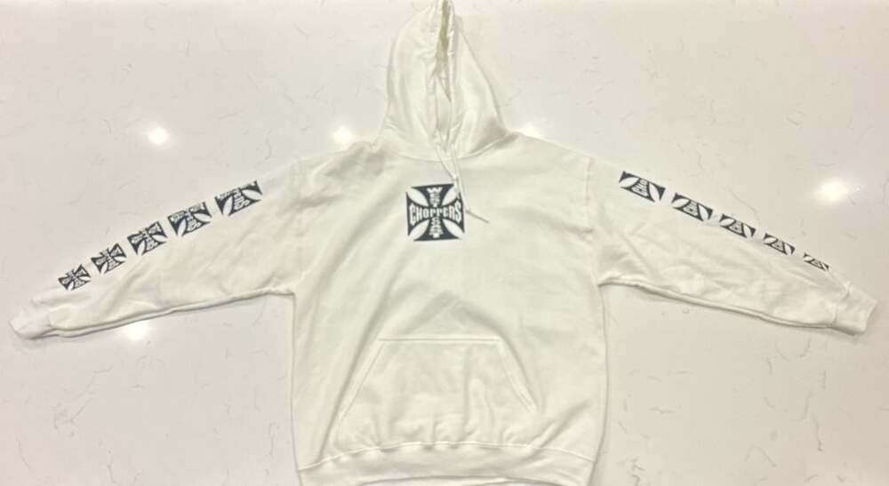West Coast Choppers Hoodie Size L White Long Beach CA Cross Logo